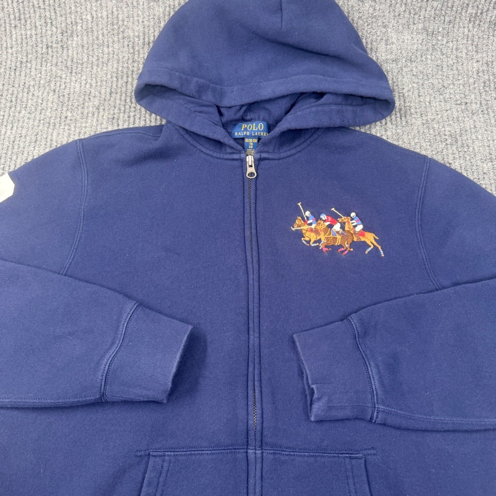 Polo Ralph Lauren Zip Hoodie Boys XL Navy Blue Triple Pony Logo 3 Patch